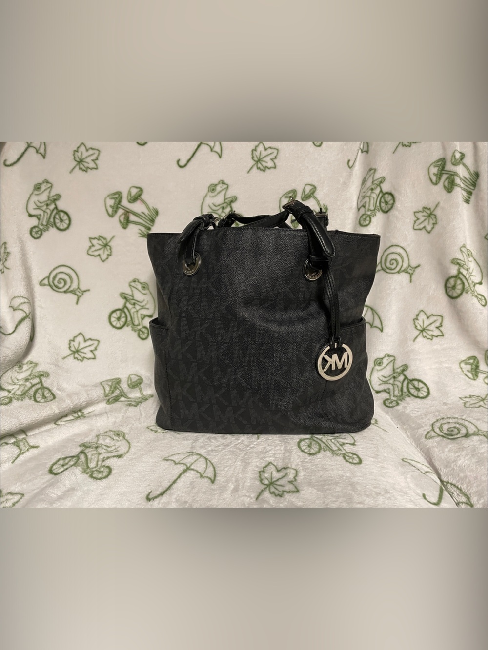 Michael Kors Black Logo-Print Shoulder Bag with MK Charm/ good condition